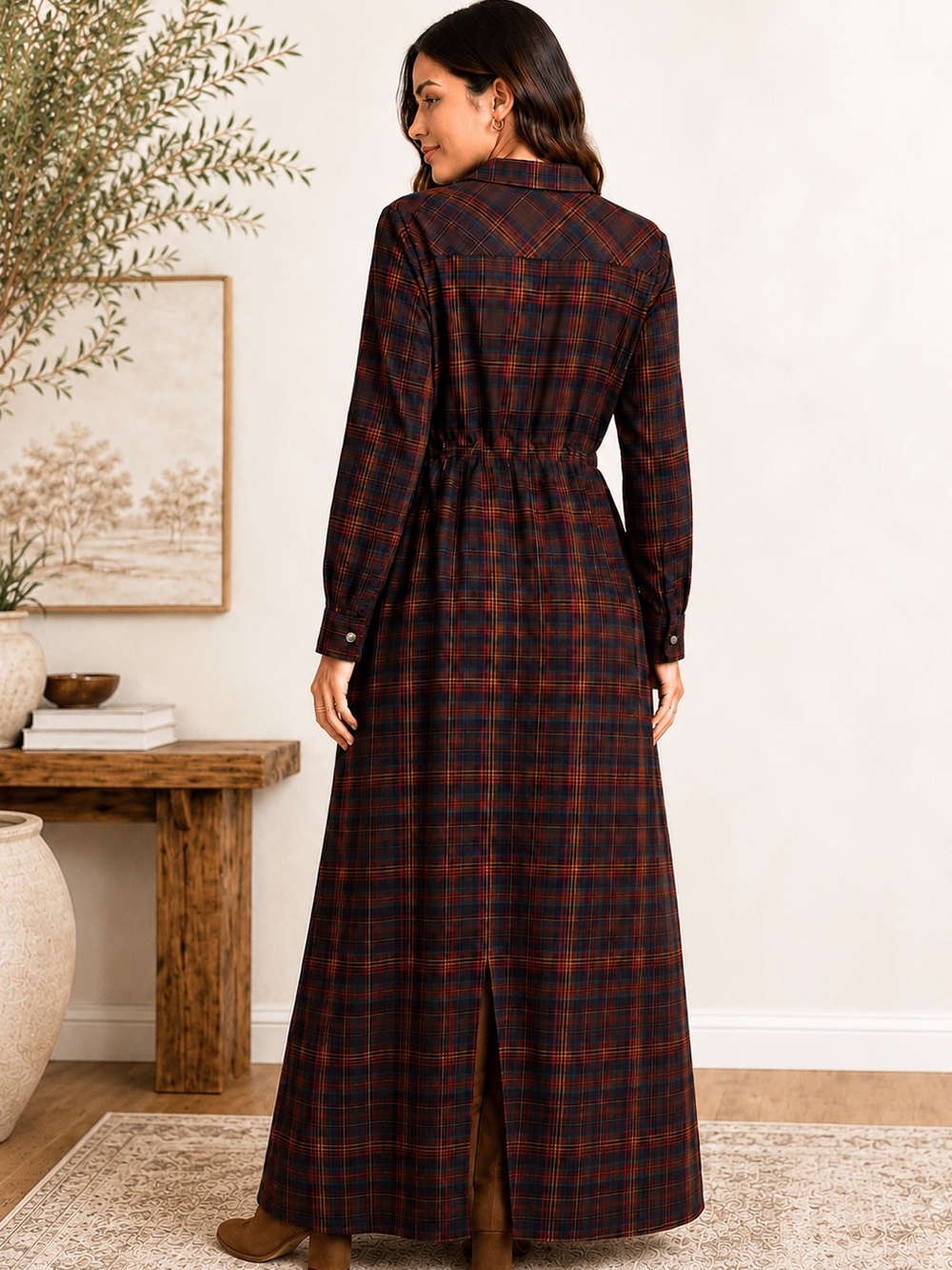 Button-Front Plaid Maxi Shirt Dress. - Picture 2 of 4
